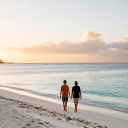 Caribbean Holidays, Aruba in January, A couple walking along a calm white-sand beach in Aruba at sunrise, with turquoise water and soft golden light