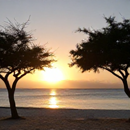 Caribbean Holidays, Aruba in January, A peaceful January sunset over Aruba's western coastline, with silhouettes of divi-divi trees, calm sea and a relaxed beach setting
