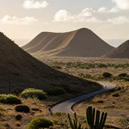 Caribbean Holidays, Aruba in January, A rugged Aruba landscape in January with Arikok National Park hills, cacti, winding road and warm late-afternoon light