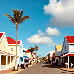 Caribbean Holidays, Aruba in January, Bright, relaxed street scene in Oranjestad, Aruba, with colourful Dutch-Caribbean buildings, palm trees and visitors enjoying the warm January sunshine