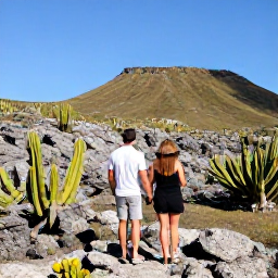 Caribbean Holidays, Aruba in January, Couple exploring Aruba's rugged Arikok National Park landscape with cactus, rocky hills and blue sky