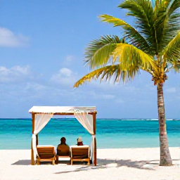 Caribbean Holidays, Aruba in January, Couple relaxing on a quiet Aruba beach with turquoise sea, palm trees and a shaded sun lounger