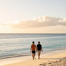 Caribbean Holidays, Aruba in January, Couple walking along an Aruba beach at golden hour in January, calm sea, soft light and peaceful tropical holiday mood