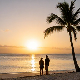 Caribbean Holidays, Aruba in January, Couple watching a golden sunset from an Aruba beach with calm sea and palm silhouettes