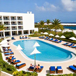 Caribbean Holidays, Aruba in January, Modern all-inclusive resort pool in Aruba with sun loungers, tropical gardens and guests relaxing