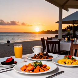 Caribbean Holidays, Aruba in January, Outdoor table at an Aruban restaurant at sunset, local seafood, colourful dishes and warm relaxed evening atmosphere