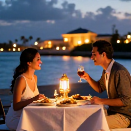 Caribbean Holidays, Aruba in January, Romantic outdoor dinner for two in Aruba with Caribbean dishes, lanterns and a warm evening atmosphere