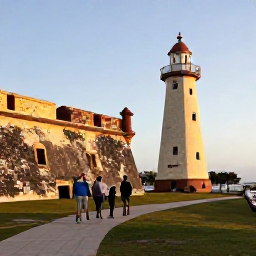 Caribbean Holidays, Aruba in January, Visitors exploring Fort Zoutman and the Willem III Tower in Oranjestad, Aruba, in warm afternoon light