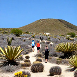 Caribbean Holidays, Aruba in January, Visitors walking through Aruba's Arikok National Park landscape, surrounded by desert plants, cacti, hills and bright blue sky