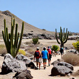 Caribbean Holidays, Aruba in July, Hikers walking through Arikok National Park in Aruba, surrounded by cacti, rocky hills and dry coastal scenery beneath a clear sky
