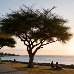 Caribbean Holidays, Aruba in June, A peaceful Aruba nature scene at sunset, with divi-divi trees, golden light, calm sea and visitors enjoying a quiet coastal viewpoint