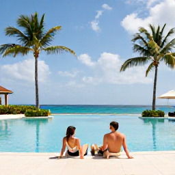 Caribbean Holidays, Aruba in June, Couple relaxing at an Aruba resort pool with palm trees, bright sunshine and a peaceful Caribbean setting