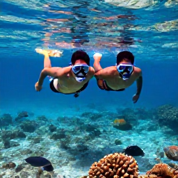 Caribbean Holidays, Aruba in June, Couple snorkelling in clear Caribbean water near Aruba, colourful fish and coral visible beneath the surface