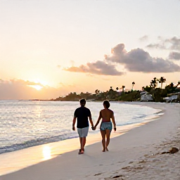 Caribbean Holidays, Aruba in June, Couple walking hand in hand along a calm white-sand beach in Aruba at sunset, warm Caribbean light