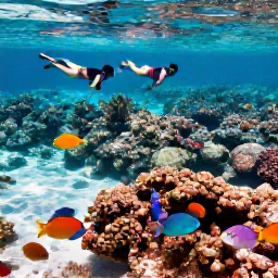 Caribbean Holidays, Aruba in June, Snorkellers swimming above a colourful reef in clear shallow water at Baby Beach, Aruba, with bright fish and a sandy lagoon