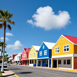 Caribbean Holidays, Aruba in June, Sunny Oranjestad street with colourful Dutch Caribbean buildings, palm trees and relaxed local atmosphere in June