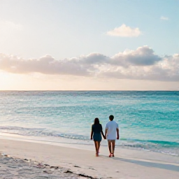 Caribbean Holidays, Aruba in March, A couple walking hand in hand along a calm white-sand beach in Aruba at sunrise, turquoise sea and soft golden light