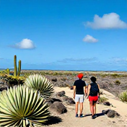 Caribbean Holidays, Aruba in March, Couple exploring Aruba&rsquo;s rugged Arikok National Park, with desert landscape, cacti and distant coastline under a blue sky