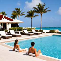 Caribbean Holidays, Aruba in March, Couple relaxing at a stylish Aruba resort pool with palm trees, comfortable loungers and bright Caribbean sunshine
