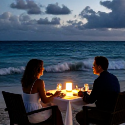 Caribbean Holidays, Aruba in March, Romantic Aruba dinner beside the sea at dusk, with a couple at a relaxed table, warm lights and waves in the background