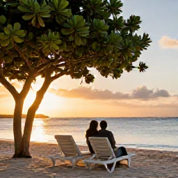Caribbean Holidays, Aruba in March, Romantic Eagle Beach in Aruba with two sun loungers, gently swaying divi-divi trees and a couple watching the sunset
