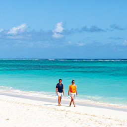 Caribbean Holidays, Aruba in May, A couple walking along Eagle Beach in Aruba on a sunny May day, with calm turquoise water and a gentle breeze