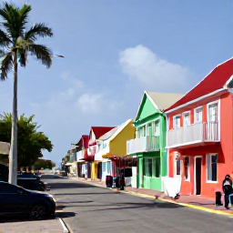 Caribbean Holidays, Aruba in May, A relaxed sunny street scene in Oranjestad, Aruba, with colourful Dutch Caribbean buildings, palm trees and visitors exploring in May