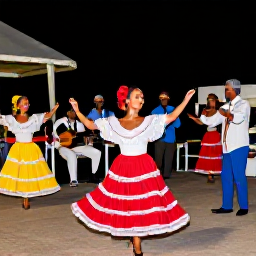 Caribbean Holidays, Aruba in November, A lively Aruban cultural evening with traditional dancers, musicians, colourful costumes and families enjoying local food outdoors