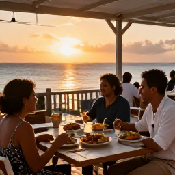 Caribbean Holidays, Aruba in November, A relaxed sunset dinner in Aruba with local dishes, warm evening light and diners enjoying an open-air terrace near the sea
