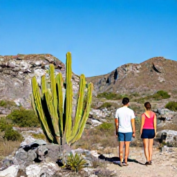 Caribbean Holidays, Aruba in November, Couple exploring Aruba&rsquo;s rugged Arikok National Park landscape with cactus, rocky hills and blue sky