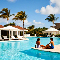 Caribbean Holidays, Aruba in November, Couple relaxing beside a stylish Aruba resort pool with palm trees and bright Caribbean sunshine
