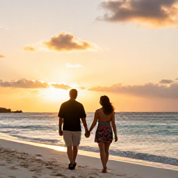 Caribbean Holidays, Aruba in November, Couple walking hand in hand along Eagle Beach in Aruba at sunset, relaxed Caribbean holiday atmosphere