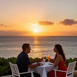 Caribbean Holidays, Aruba in November, Romantic outdoor restaurant in Aruba with a couple dining at sunset beside the Caribbean Sea