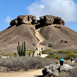 Caribbean Holidays, Aruba in October, Arikok National Park landscape in Aruba with rugged desert hills, cacti, a natural stone formation and visitors walking a trail
