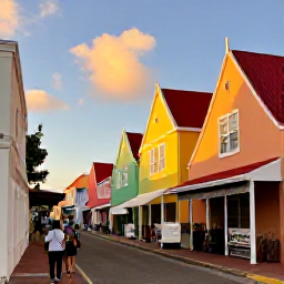 Caribbean Holidays, Aruba in October, Colourful Oranjestad street in Aruba with Dutch colonial architecture, local shops and visitors exploring in warm October sunshine