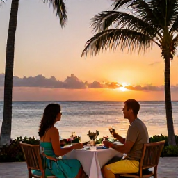 Caribbean Holidays, Aruba in October, Couple enjoying a sunset dinner overlooking the Caribbean Sea from an Aruba resort, with warm evening light and palm trees