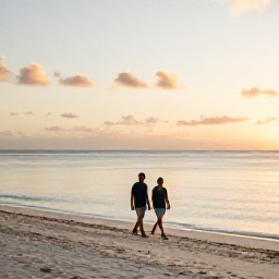 Caribbean Holidays, Aruba in October, Couple walking along Eagle Beach in Aruba at sunset, soft golden light, calm sea and white sand