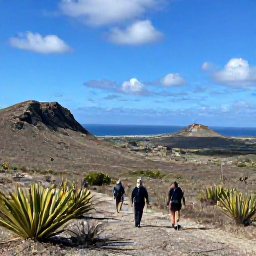 Caribbean Holidays, Aruba in October, Hikers exploring the dry cactus landscape of Arikok National Park, with rugged hills, desert plants and distant Caribbean views