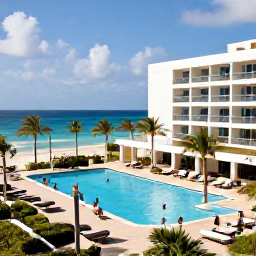 Caribbean Holidays, Aruba in October, Modern all-inclusive resort beside a Caribbean beach in Aruba, with palm trees, a swimming pool and guests enjoying the sunshine