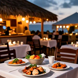 Caribbean Holidays, Aruba in October, Outdoor Caribbean restaurant in Aruba serving fresh seafood at dusk, relaxed tables, warm lighting and island atmosphere