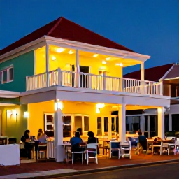 Caribbean Holidays, Aruba in October, Relaxed evening in Oranjestad, Aruba, with warmly lit restaurants, colourful architecture and people enjoying a calm October holiday atmosphere