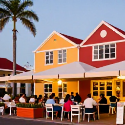 Caribbean Holidays, Aruba in October, Visitors enjoying an outdoor caf&eacute; in Oranjestad, Aruba, with colourful buildings, palm trees and a warm evening atmosphere