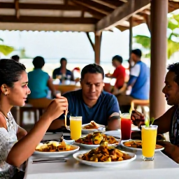 Caribbean Holidays, Aruba in October, Visitors tasting local Aruban food at an open-air restaurant in Oranjestad, with seafood, keshi yena and tropical drinks on the table
