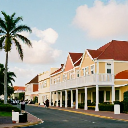 Caribbean Holidays, Aruba in October, Warm Caribbean street scene in Oranjestad, Aruba, with colourful Dutch-influenced buildings, palm trees and visitors exploring in October