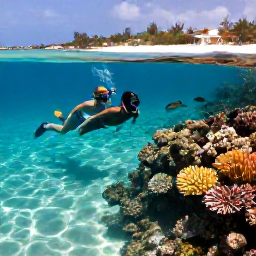 Caribbean Holidays, Aruba in September, A couple snorkelling in clear shallow water beside a colourful coral reef in Aruba, with tropical fish and a sandy beach nearby