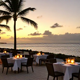 Caribbean Holidays, Aruba in September, A relaxed beachfront dinner in Aruba at sunset, with outdoor tables, soft lights, palm trees and the Caribbean Sea