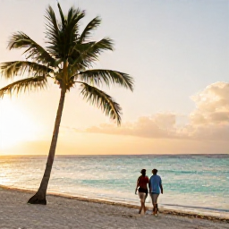 Caribbean Holidays, Aruba in September, A relaxed couple walking beside a calm turquoise beach in Aruba at sunset, with palm trees and warm golden light