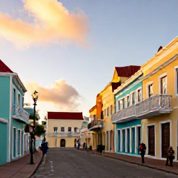 Caribbean Holidays, Aruba in September, Colourful Aruban street scene in Oranjestad at sunset, with pastel colonial buildings, local people and gentle Caribbean light
