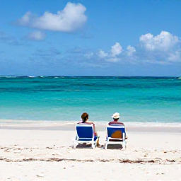 Caribbean Holidays, Aruba in September, Couple relaxing on a wide white-sand beach in Aruba, turquoise water, sun loungers and gentle trade winds
