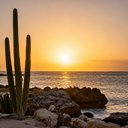 Caribbean Holidays, Aruba in September, Golden sunset over Aruba&rsquo;s rugged coastline, with silhouetted cacti, warm rocks and a calm Caribbean sea